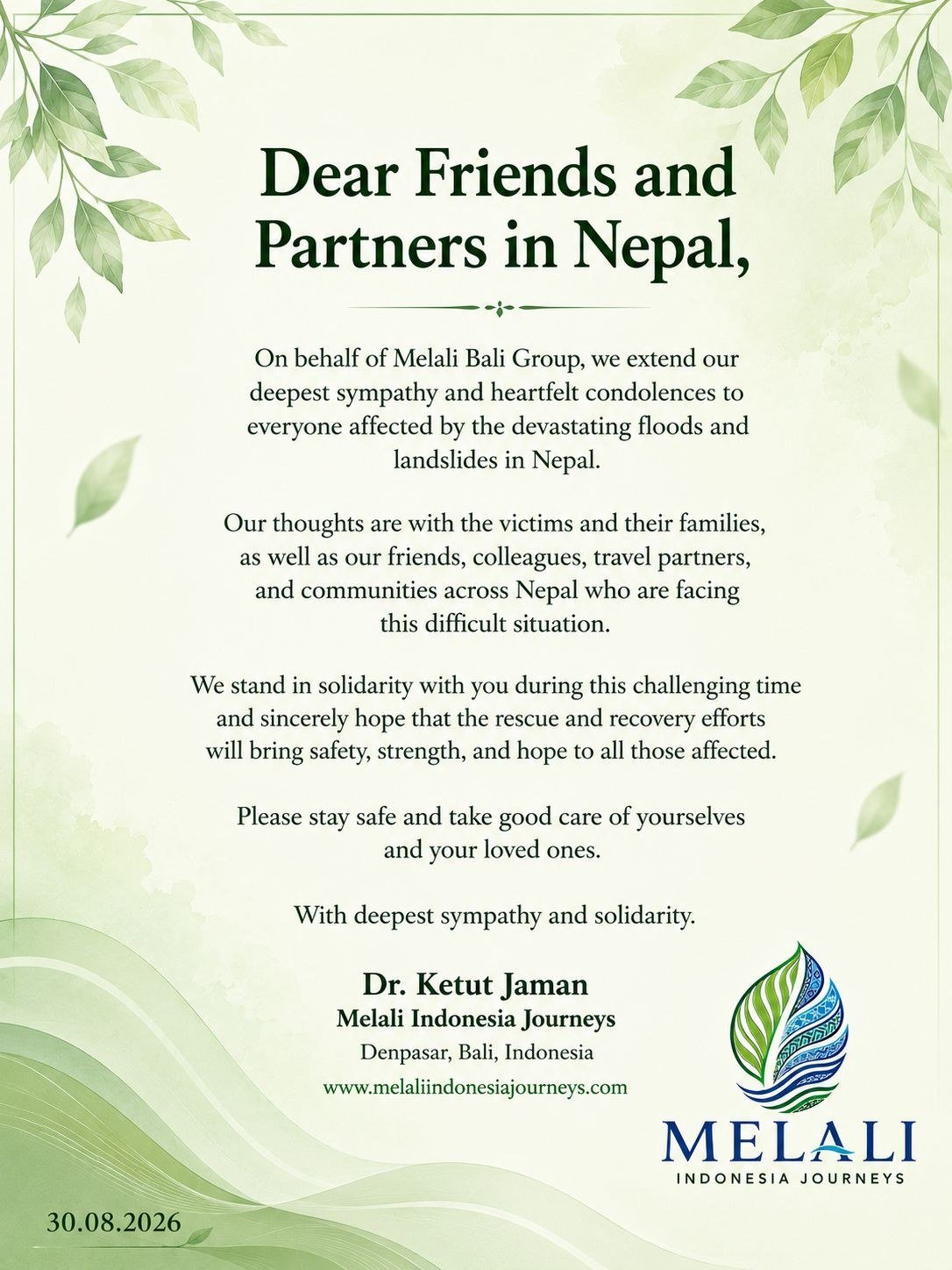 Condolence message from Melali Indonesia Journeys addressed to friends and partners in Nepal, signed by Dr. Ketut Jaman, Denpasar, Bali, 30 August 2026